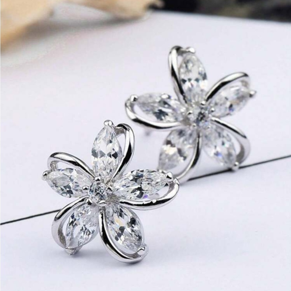 Silver Floral Stud Earrings with Marquise-Cut Gemstones